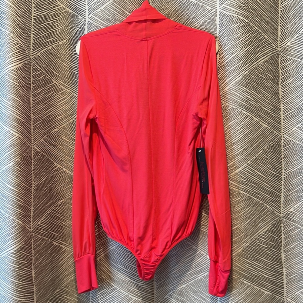 Bebe Cutout Sleeve Silk Wrap Bodysuit Teaberry XS - Picture 8 of 15
